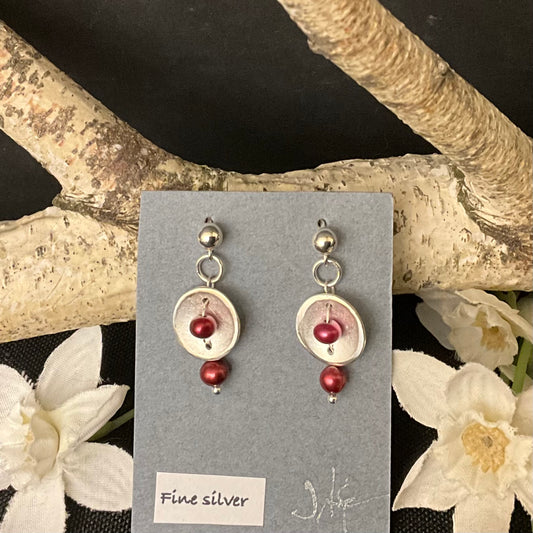 Fine Silver & Red Pearl earrings #272
