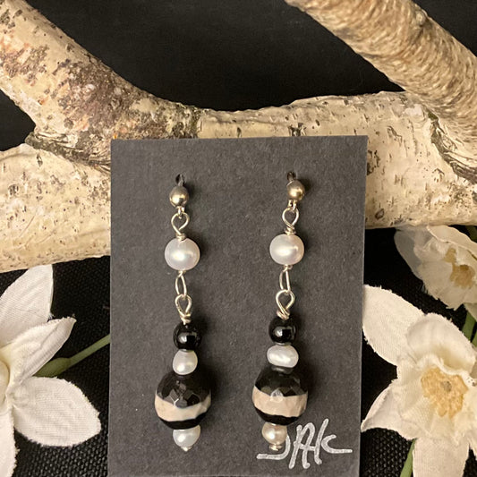 Pearl & Tibetan Agate Earrings #195