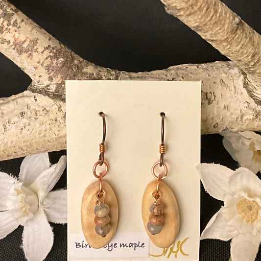 Bird's Eye Maple Earrings with Serpentine beads #287