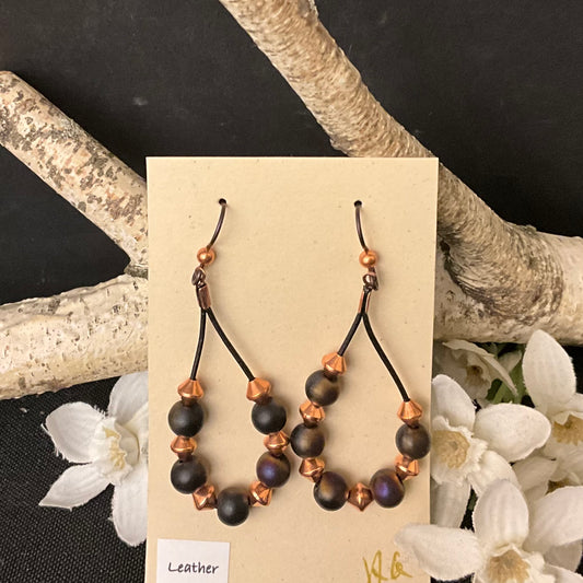 Leather Drop Earrings w/ copper & raku beads #236