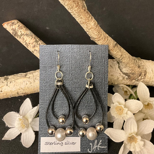 Leather Drop Earrings w/ sterling & pearl beads #234