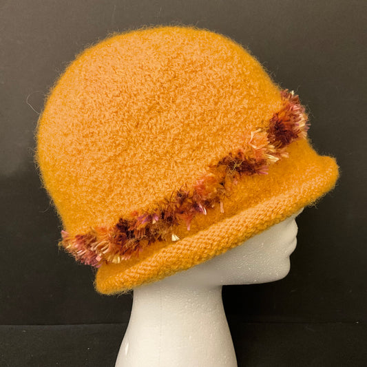 Hand Felted Wool Hat in Gold w Brown Band