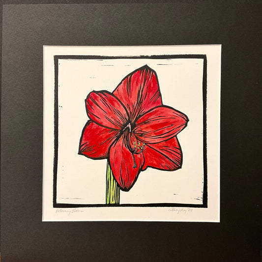“February Bloom” Hand Colored Rubber Block Print with Mat