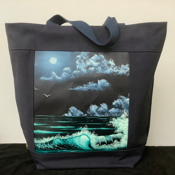 “Moonlight Sea”, Handmade Canvas Tote with Original Oil Painting on Canvas