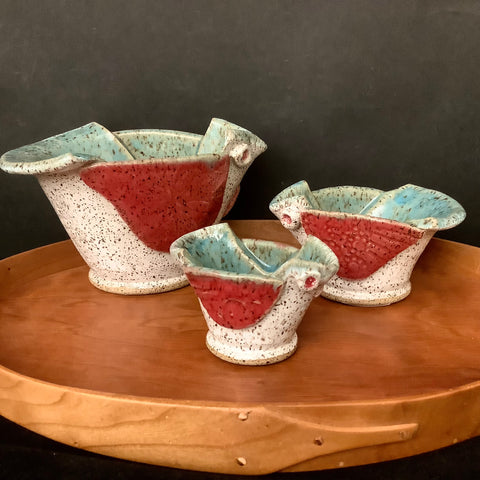 Rooster Pitchers/Creamers in Russet, Turquoise and Cream