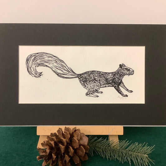“Paused Squirrel” Rubber Block Print with Black Mat