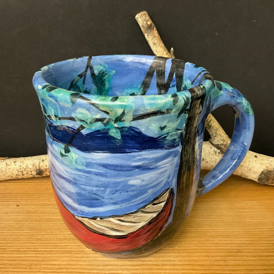 Mug with Carved Red Canoe and Dark Tree