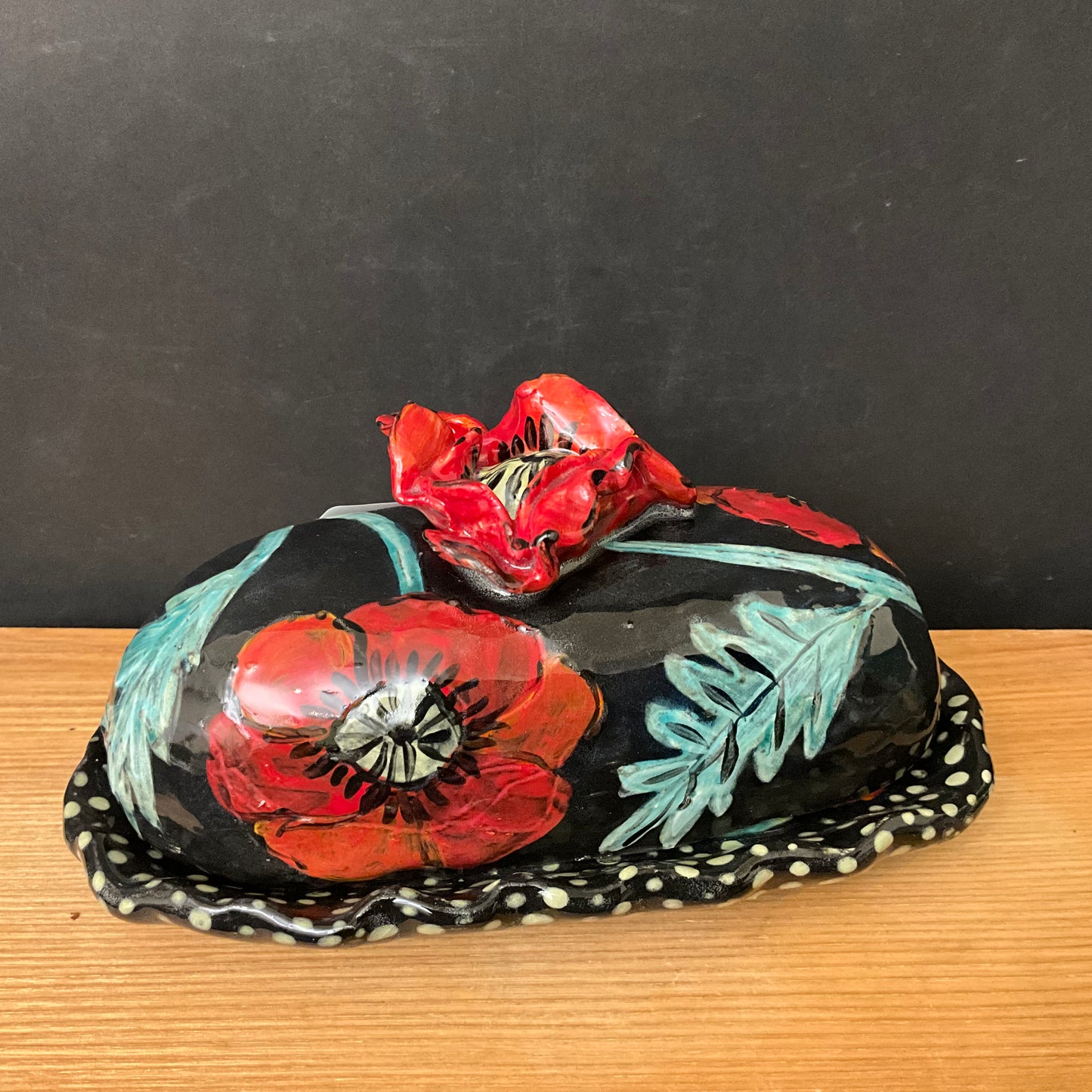 Butter Dish Black with Red Poppies and Poppy Finial