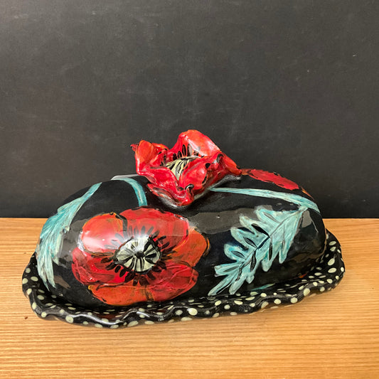 Butter Dish Black with Red Poppies and Poppy Finial