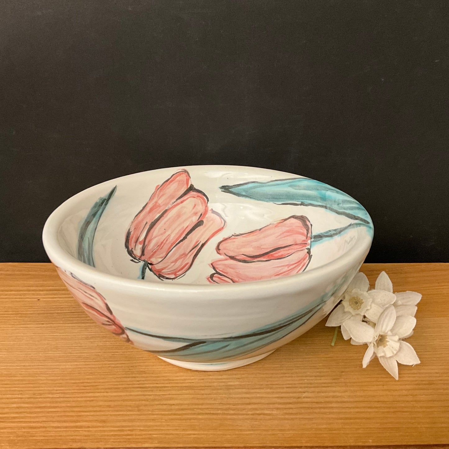 Small White Bowl with Pink Tulips, Roxanne Locy