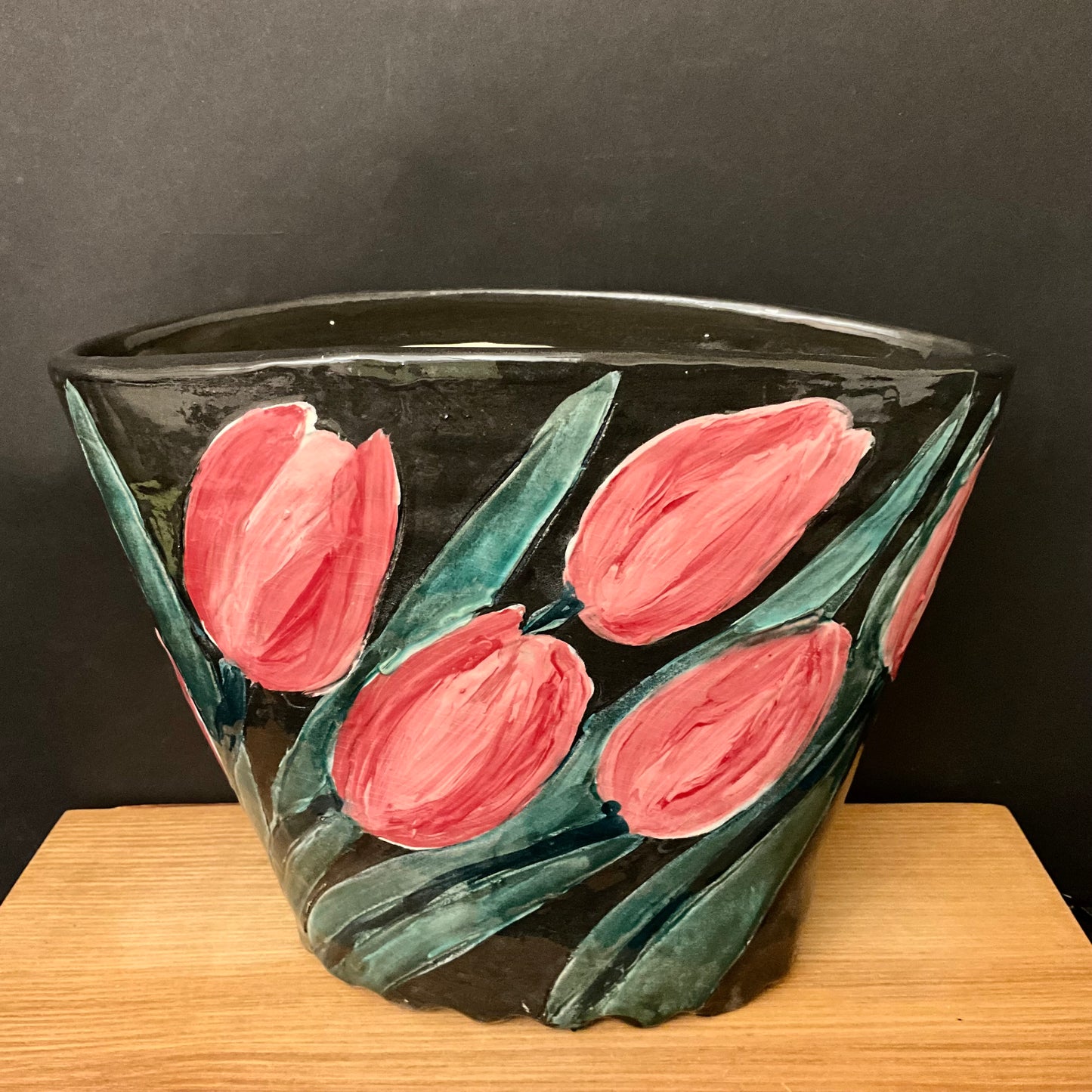Large Black Oval Vase with Pink Tulips