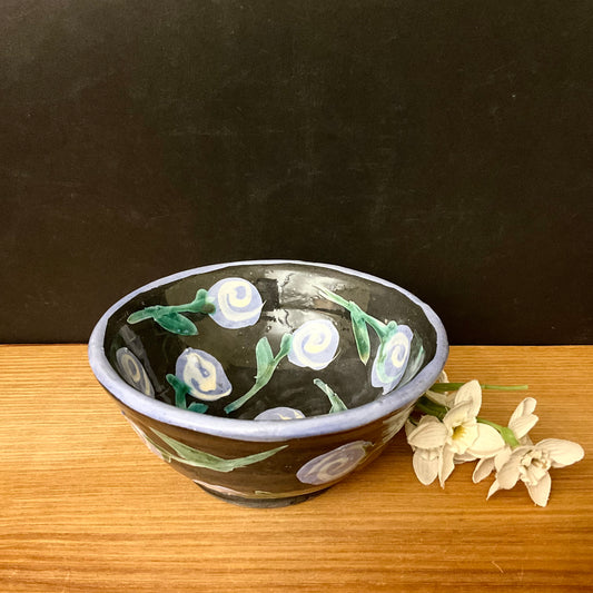 Petite Black Bowl with Loon Blue Flowers