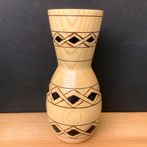 Ash Vase with Geometric Pyrography Pattern, David Buchholz, Augur Lake, Keeseville, NY