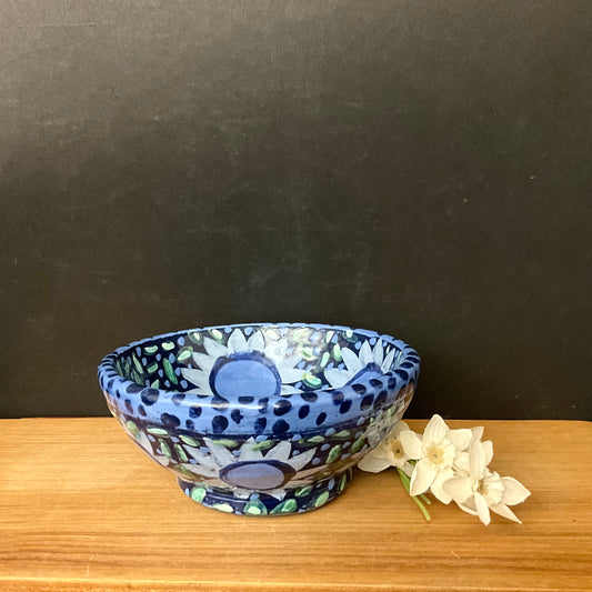 Petite Black Bowl with Large Overall Blue Flower Design