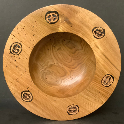Large Butternut Bowl with Worm Holes, and Broad Rim and Inlaid Black Walnut Cross-sections, David Buchholz, Augur Lake, Keeseville, NY