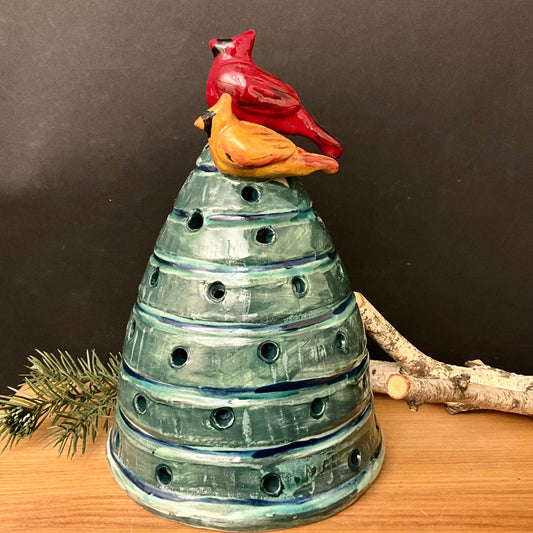 Deep Green Ceramic Tree Luminaria with Cardinal Pair