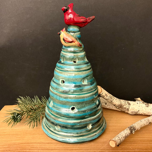 Blue Green Ceramic Tree Luminaria with Cardinal Pair