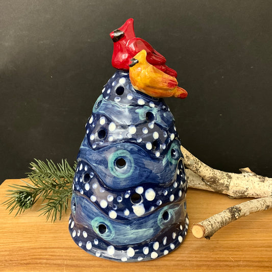 Midnight Blue Ceramic Tree Luminaria with Cardinal Pair
