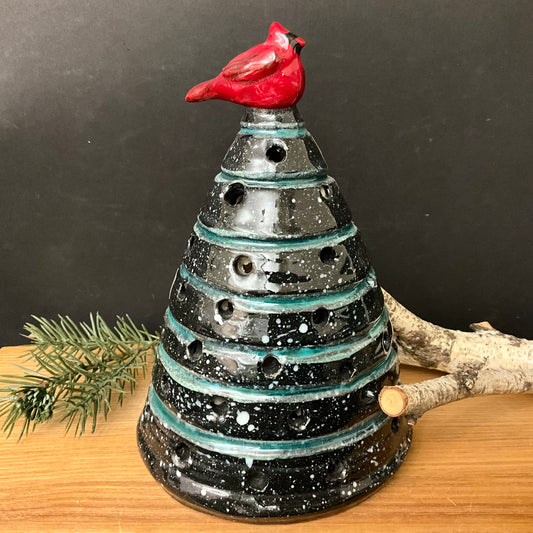 Black Ceramic Tree Luminaria with Cardinal