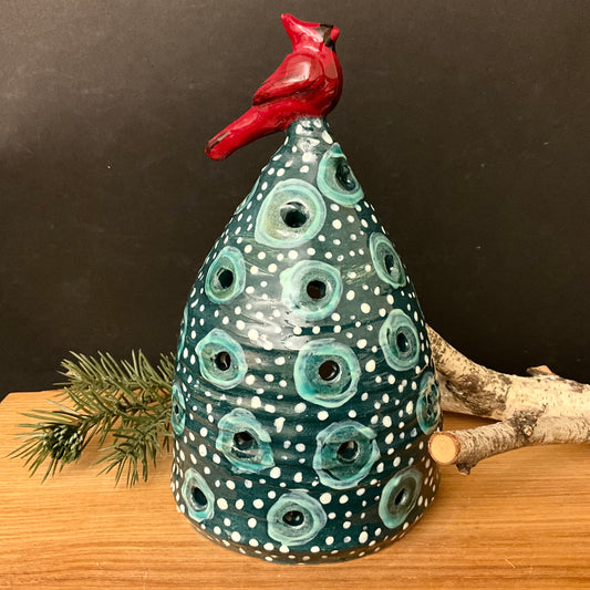 Dark Green Ceramic Tree Luminaria with Cardinal