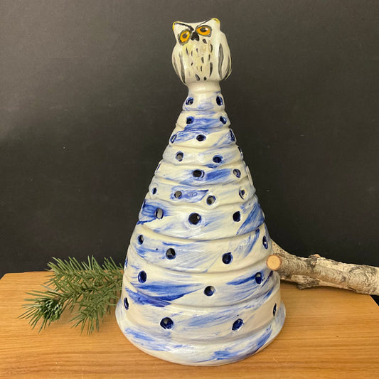Snowy Blue Ceramic Tree Luminaria with Owl