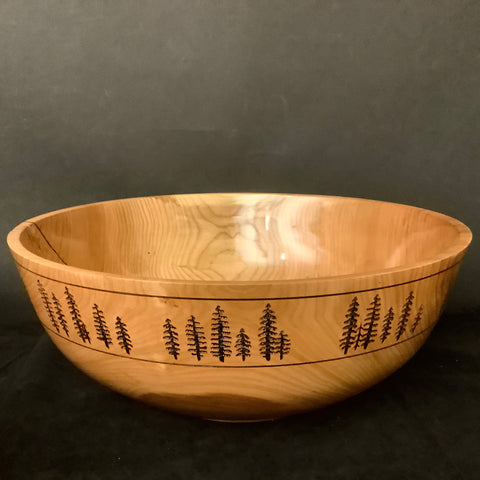 Large Cherry Bowl with Pyrography Spruce Trees Pattern, David Buchholz, Augur Lake, Keeseville, NY