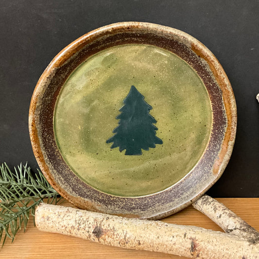 Olive Green Plate w Evergreen Design
