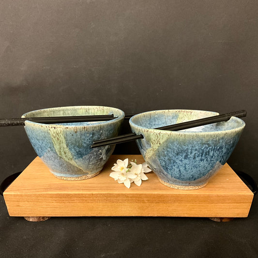 Set of Two Rice Bowls in Speckled Blue And Celadon