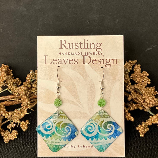 On Point Teal Swirl with Green Bead Earrings