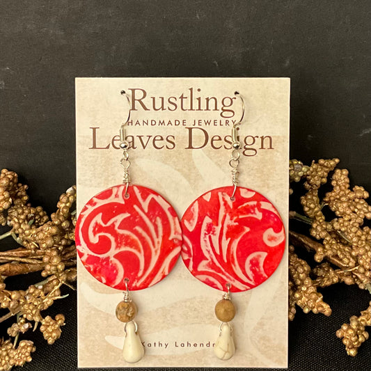 Red Floral Disc with Drop Bead Earrings
