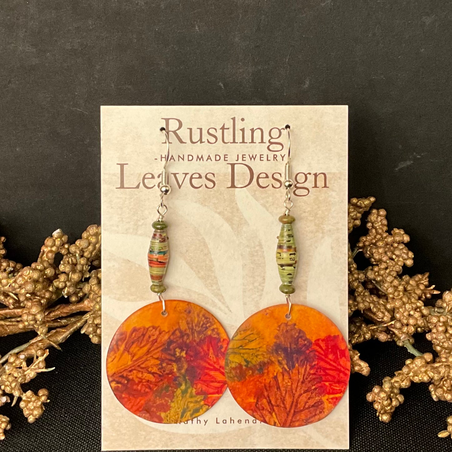 Orange and Red with Leaf Pattern Disc Earrings
