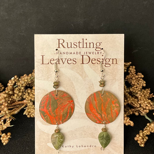 Olive and Orange Disc with Bead Earrings