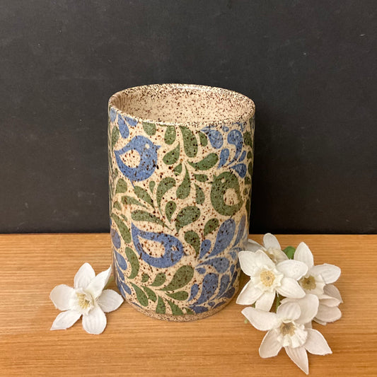 Blue and Green Tumbler with Speckled Interior and Birds