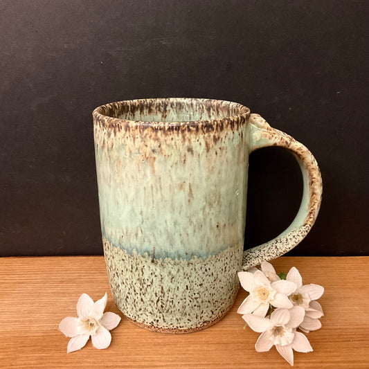 Mug in  Pale Greens with Brown Rim Speckled