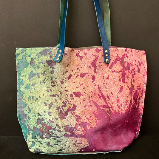 Vibrant Turquoise & Raspberry Tote - hand dyed Hair-on Leather