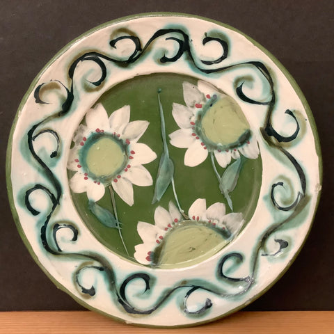 Small Plate in Green with White Flowers