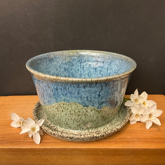 Speckled Blue & Green Planter - attached saucer