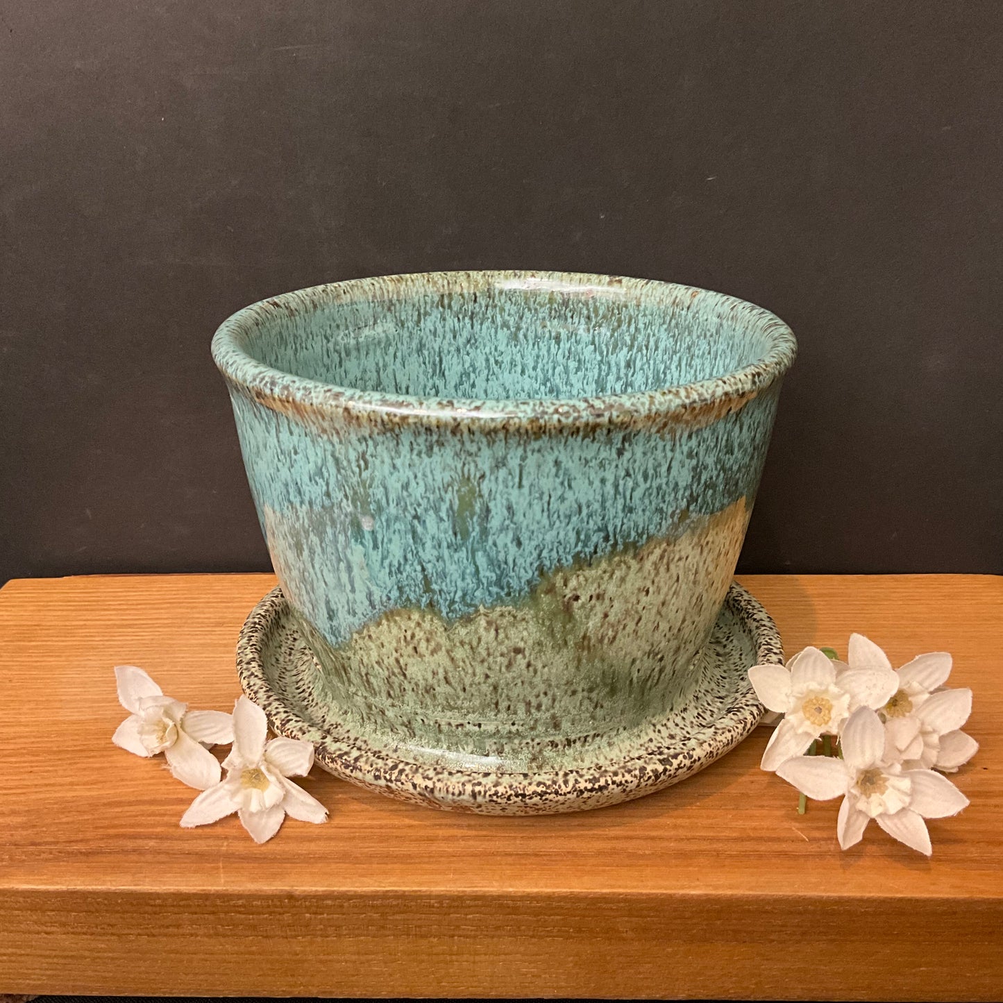 Speckled Blue & Green Planter - attached saucer