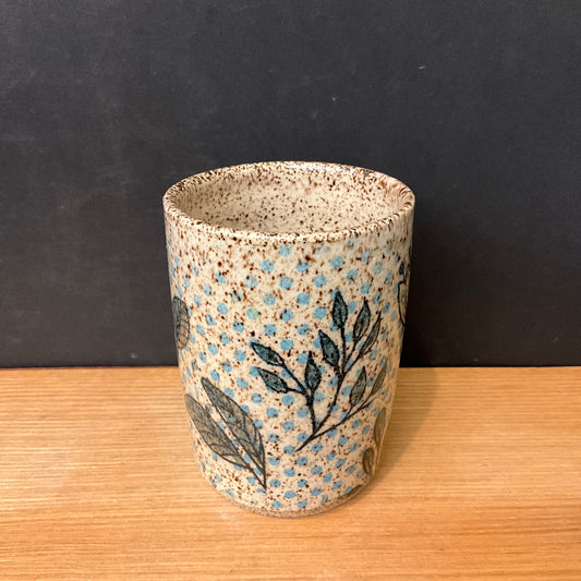 Blue Polka Dot Tumbler with foliage pattern & Speckled Interior