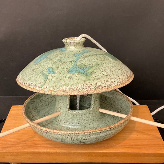 Ceramic Birdfeeder in Speckled Celadon with Turquoise splashes