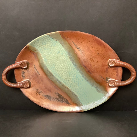 Large Platter with Handles in Metallic Copper Glaze with Aqua, Jody Loconti, Potsdam, NY