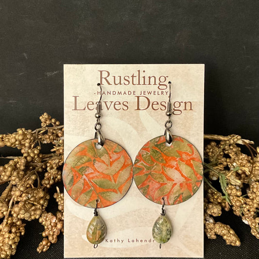 Fern Print Green and Orange Earrings