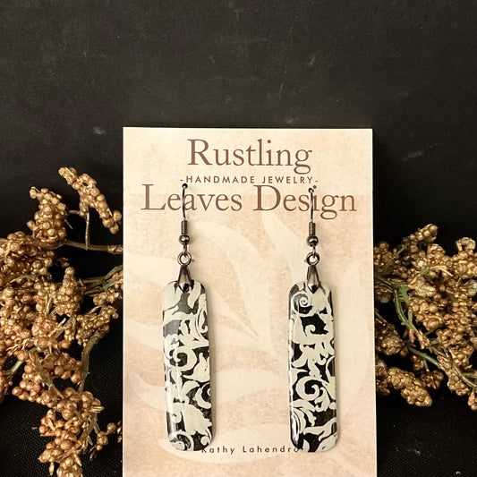 Black and White Rectangular Floral Earrings