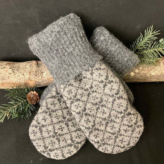 “Upcycled" Sweater Mittens in Gray and White Nordic Pattern