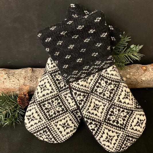 “Upcycled" Sweater Mittens in Black and White Nordic Pattern