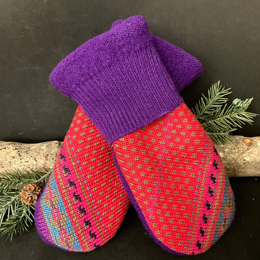 “Upcycled" Wool Mittens in Bright Multicolors with Purple Cuffs