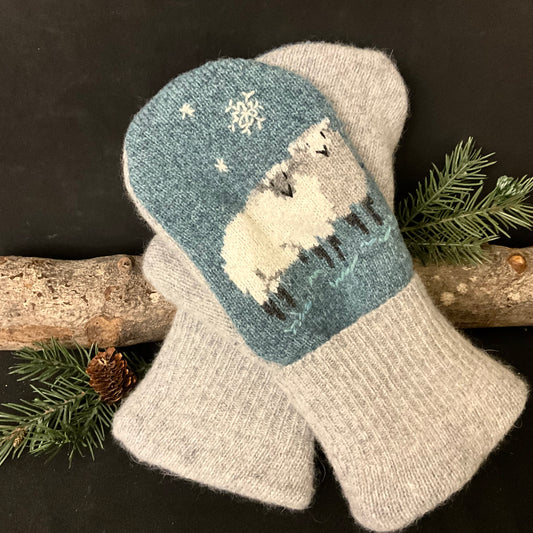 “Upcycled" Sweater Mittens in Gray/Blue with Sheep Pattern