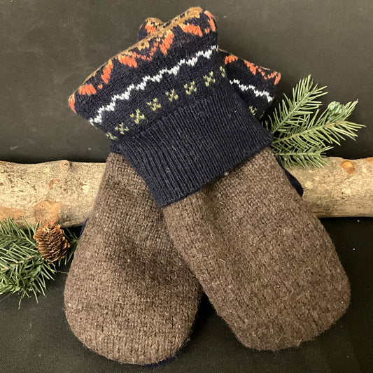 “Upcycled” Sweater Mittens Brown Heather with Fair Isle Pattern Cuff