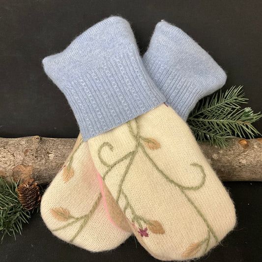 “Upcycled" Sweater Mittens with Embroidered Floral Pattern, Pale Blue Cuff