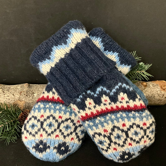“Upcycled" Wool Sweater Mittens in Blue with Multi-color Diagonal Pattern